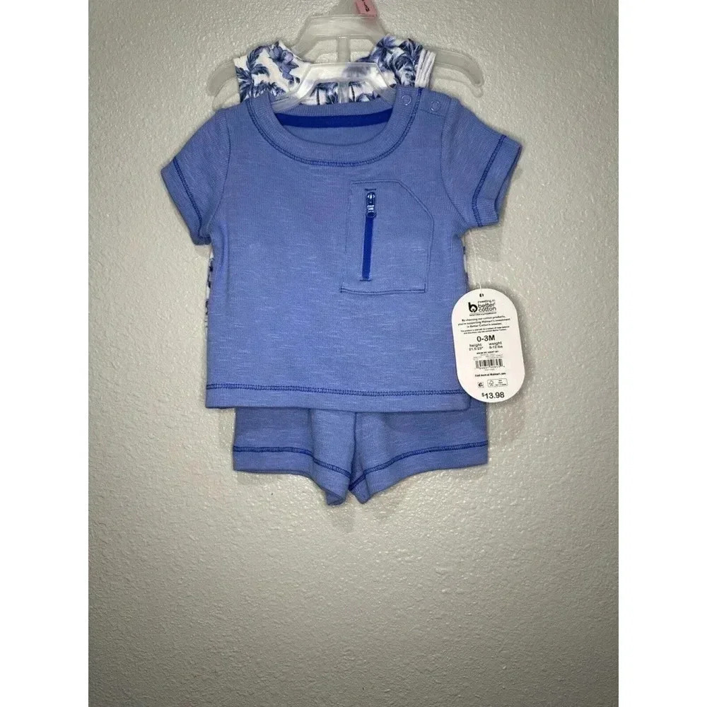 NWT, Wonder Nation 0-3 Month 3 Piece Summer Outfit & Set, Blue, Hawaiian